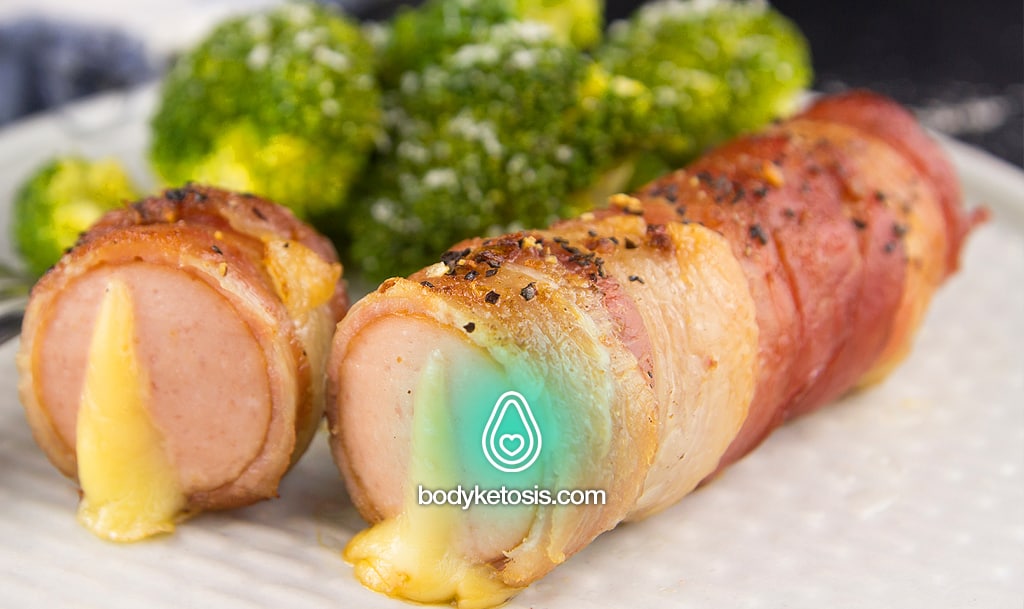 bacon wrapped keto hot dogs with cheese