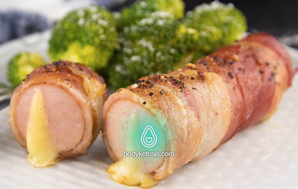 bacon wrapped keto cheese hot dogs
